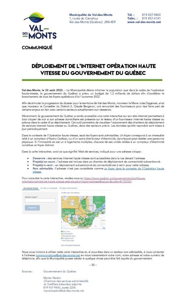 DÉPLOIEMENT DE OPÉRATION HAUTE VITESSE DU GOUVERNEMENT DU QUÉBEC